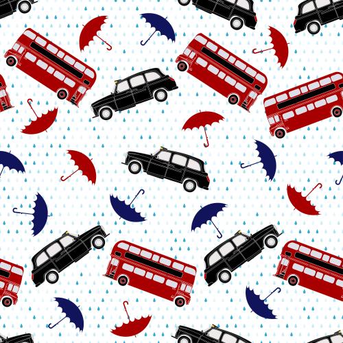 Дождь. Вектор красные двухэтажные автобусы, такси,разноцветные зонты и капли дождя на белом