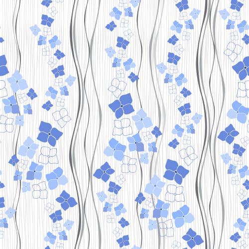 Векторное изображение монохромные голубые силуэты и контуры цветочков, монохромные прямые и волнистые вертикальные линии на белом