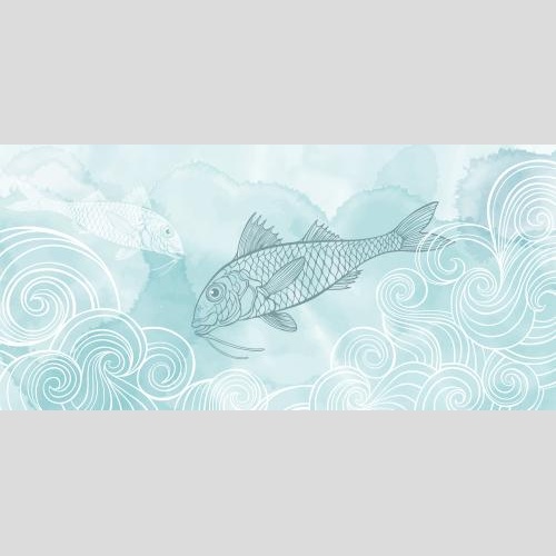 Векторное изображение рыба барабулька и декоративные волны на голубом акварельном