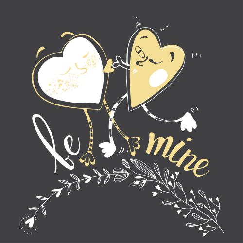 Валентинка. Рисунок целующиеся мультяшные сердечки, надпись be mine на черном