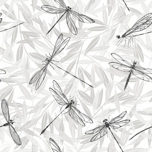 Стрекоза. Изображение монохромные стрекозы и веточки с листочками на белом
