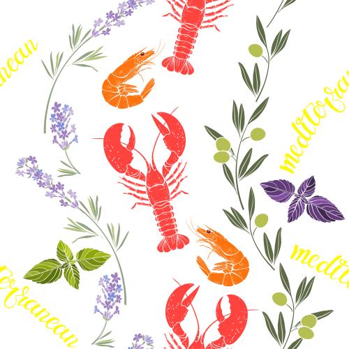 Векторное изображение лаванда, оливковые ветки, базилик, креветки, лобстеры и леттеринг на белом 	
