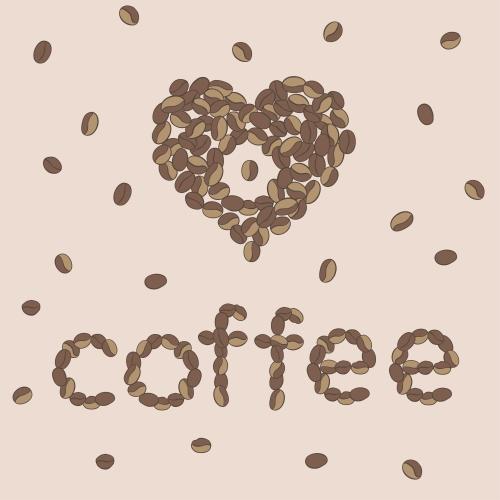 Кофе. Изображение сердце из кофейных зерен и надпись coffee