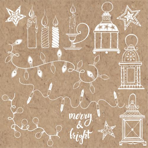 Фонарь. Изображение гирлянды, фонари, свечи, звезды и надпись merry and bright на крафте