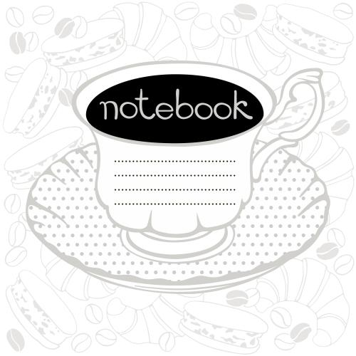 Макарун. Вектор шаблон обложки с чашкой кофе, круассанами, макарунами, кофейными зернами и местом для текста