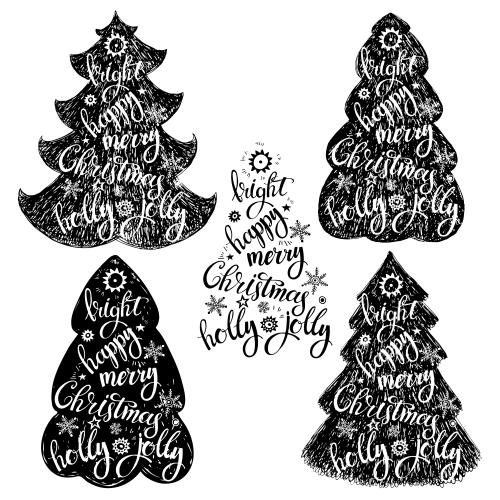 Звезда. Изображение стилизованные праздничные елки с надписью bright, happy, merry, christmas, holly, jolly на белом
