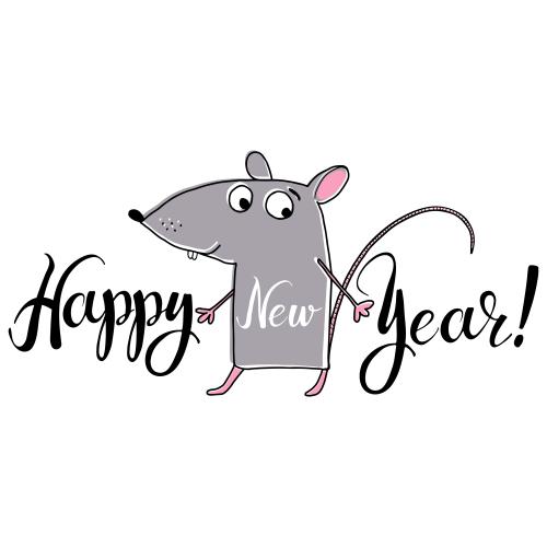 Мышь. Вектор мультяшная серая мышка, надпись happy new year на белом