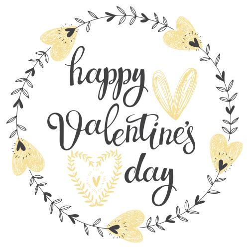 Изображение круглая рамка с дудл цветами и сердечками, надписью happy valentines day на белом