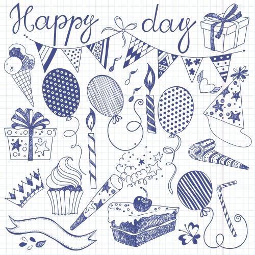 Тетрадь. Изображение графические элементы на тему праздника, надпись happy day на тетрадном в клеточку