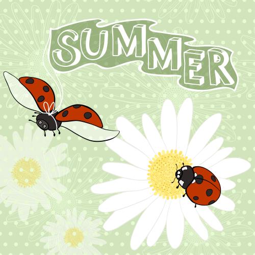 Божья коровка. Изображение мультяшные божьи коровки, надпись summer на зеленом в горошек