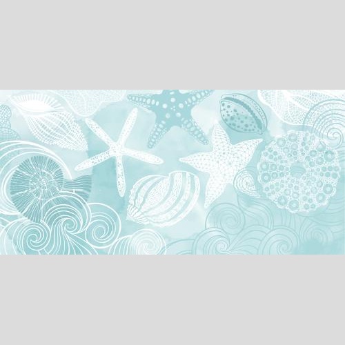 Векторное изображение ракушки, морские звезды, морской еж, кораллы, декоративные волны на голубом акварельном