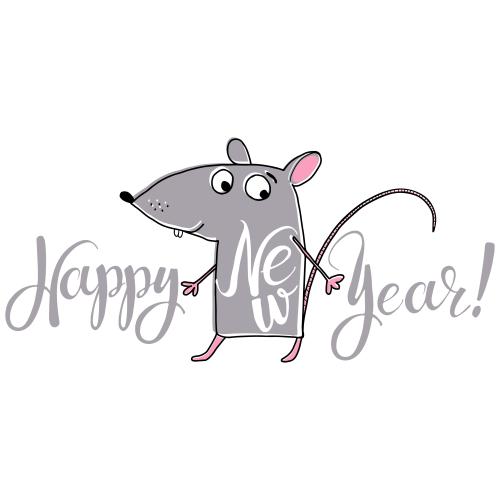 Мышь. Вектор мультяшная серая мышка, надпись happy new year на белом