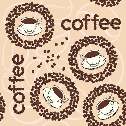 Кофе. Изображение кофе в чашках, кофейные зерна и надпись coffee