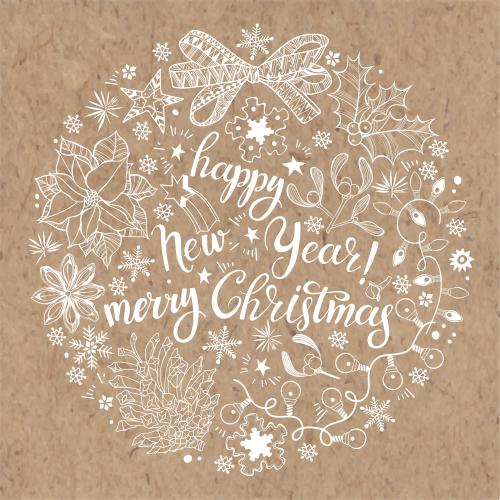 Звезда. Изображение символы зимних праздников в круге, надпись happy new year, merry christmas на крафте