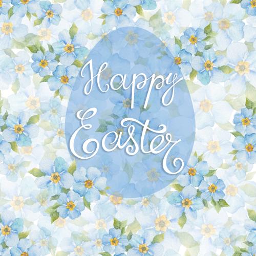 Изображение пасхальное яйцо, надпись happy easter на акварельных незабудках