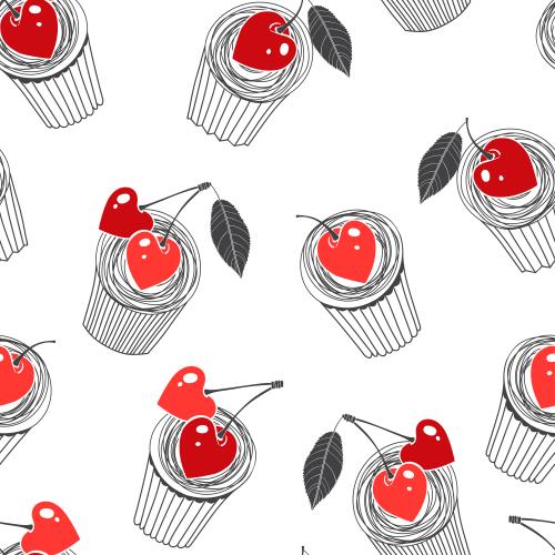 Вишня. Изображение кексы со стилизованными вишнями-сердечками на белом