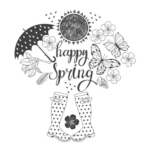 Дождь. Вектор композиция на весеннюю тему, надпись happy spring на белом