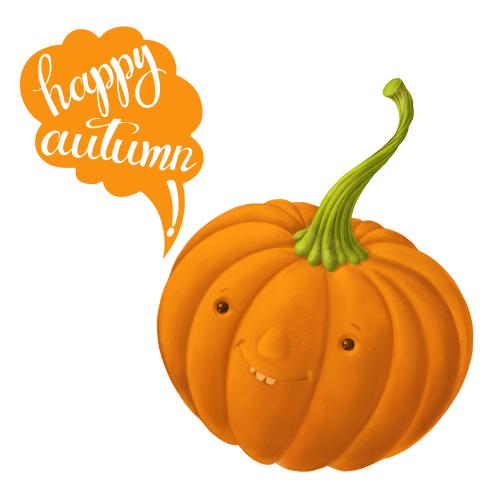 Растровое изображение милая мультяшная тыква с пожеланием happy autumn на белом