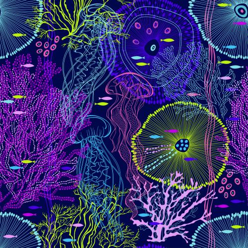 Медуза. Изображение медузы, абстрактные морские существа, рыбки, кораллы, водоросли на темно-синем