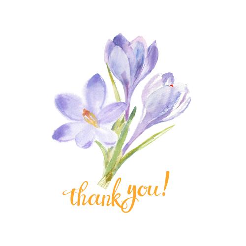 Растровое изображение акварельный букет крокусов и надпись thank you на белом