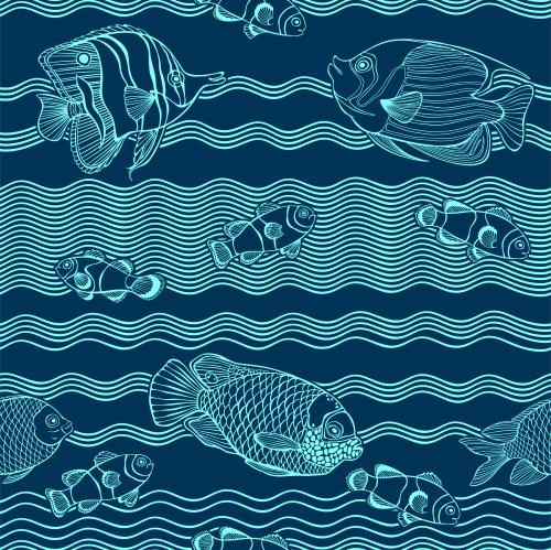 Векторное изображение тропические рыбки, волны на синем