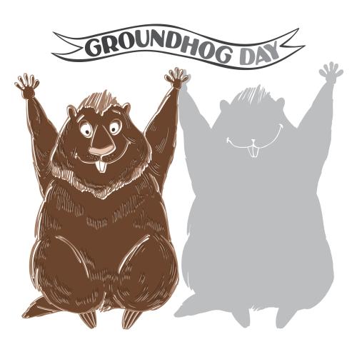 Векторное изображение милый мультяшный сурок и его тень, надпись groundhog day на белом