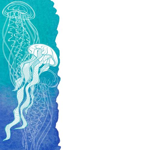 Медуза. Изображение медузы на синем акварельном фрагменте, место для текста на белом