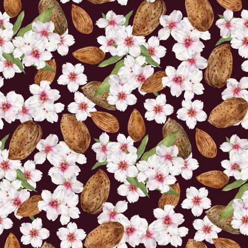 Растровое изображение акварельные цветы и орехи миндаля на темном