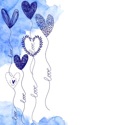Воздушный шар. Фон декоративные воздушные шары-сердечки, надписи love, акварельные фрагменты, место для текста на белом