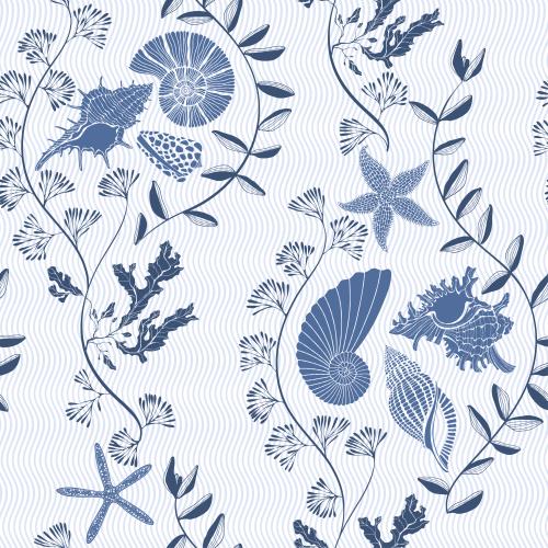 Векторное изображение ракушки, водоросли, морские звезды на вертикальных волнах