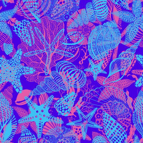 Морская звезда. Изображение морские звезды, ракушки, наутилус, морской еж, кораллы, водоросли, яркие силуэты и контуры на синем