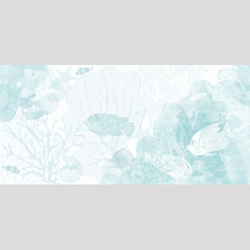 Векторное изображение тропические рыбки, морские звезды, кораллы, водоросли и голубые акварельные фрагменты