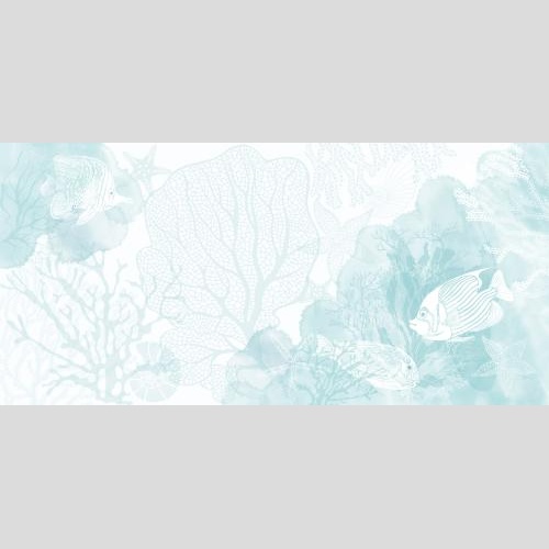 Векторное изображение тропические рыбки, морские звезды, кораллы, подводные растения и голубые акварельные фрагменты