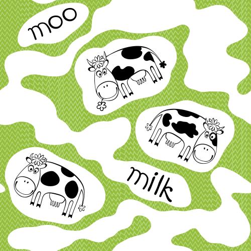 Корова. Вектор милые мультяшные коровки, белые пятна молока, надписи moo, milk на зеленой траве