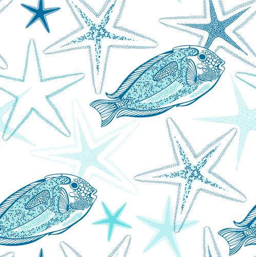 Морская звезда. Паттерн бесшовный декоративные тропические рыбки и морские звезды на белом