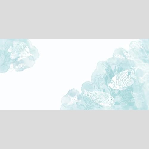 Векторное изображение тропические рыбки, морские звезды, кораллы, голубые акварельные фрагменты на белом