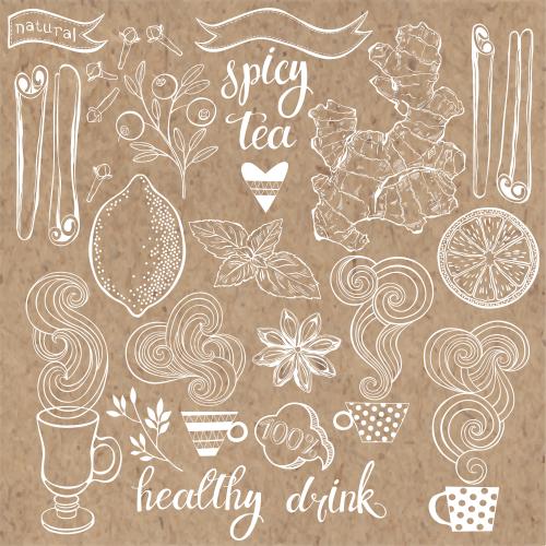 Ягода. Вектор чай, специи, лимон, имбирь, надписи:spicy tea, healthy drink на крафте