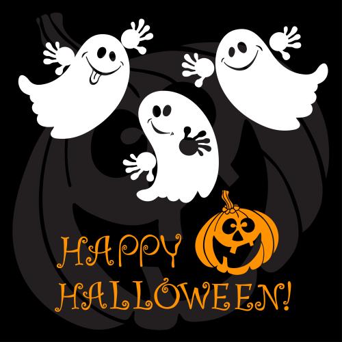 Тыква. Вектор три милых мультяшных привидения, тыква-фонарь, надпись happy halloween на черном