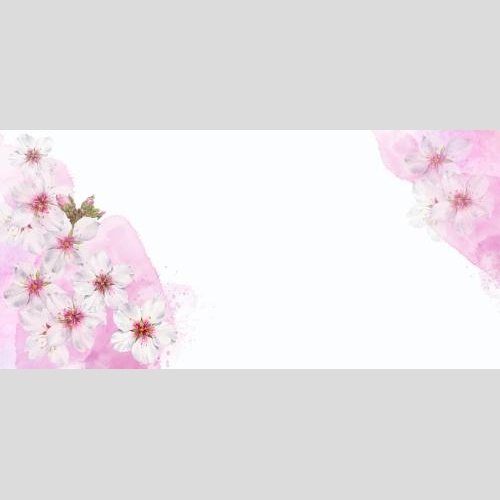 Растровое изображение цветы миндаля на розовых акварельных фрагментах, место для текста на белом, угловая композиция