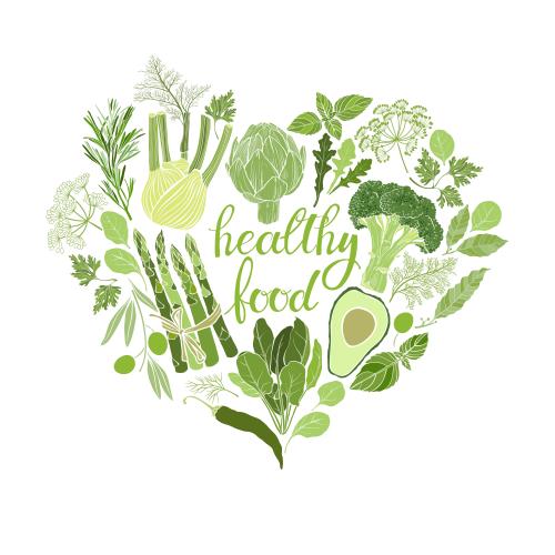 Перец. Изображение овощи, кулинарные травы, надпись healthy food, композиция в форме сердца на белом