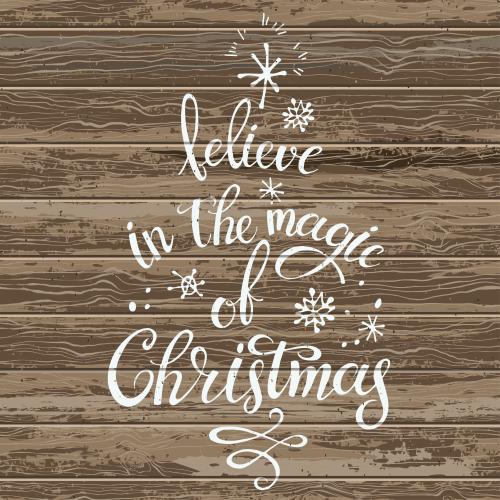 Дерево. Вектор надпись believe in the magic of christmas на деревянных досках