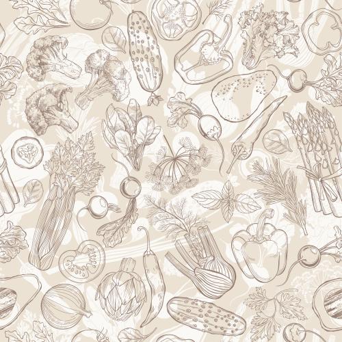 Векторное изображение овощи, контуры и силуэты на бежевом