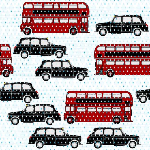 Полоса. Вектор красные двухэтажные автобусы, такси под дождем