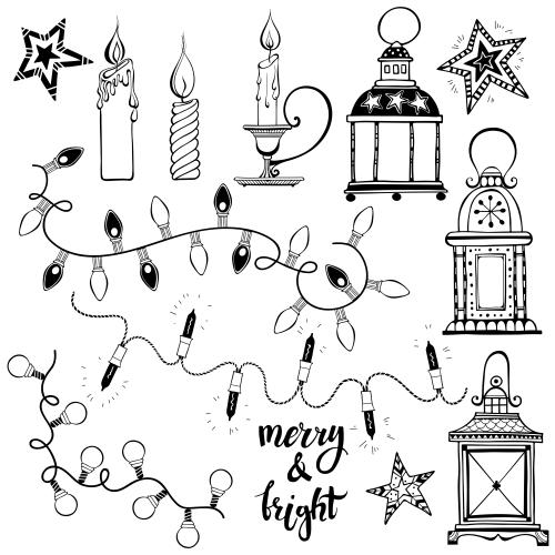 Фонарь. Изображение гирлянды, фонари, свечи, звезды и надпись merry and bright на белом