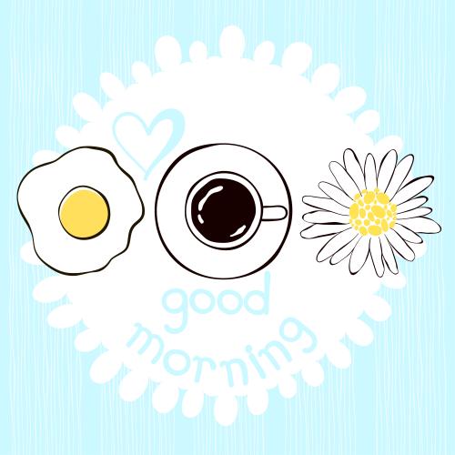Кофе. Изображение яичница, кофе, ромашка, надпись good morning на голубом