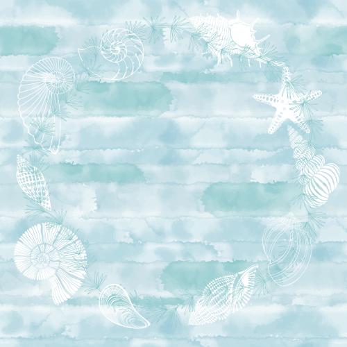 Векторное изображение круглая рамка с ракушками, морскими звездами, водорослями и местом для текста на голубом акварельном