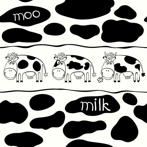 Корова. Вектор милые мультяшные коровки, пятна и надписи moo, milk
