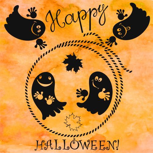 Хэллоуин. Вектор круглая рамка из каната, милые привидения, надпись happy halloween, черные силуэты на акварельном оранжевом