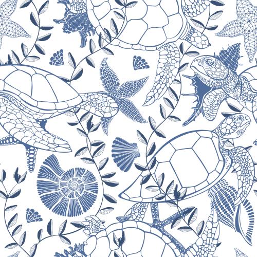 Векторное изображение черепахи, ракушки, морские звезды и водоросли на белом