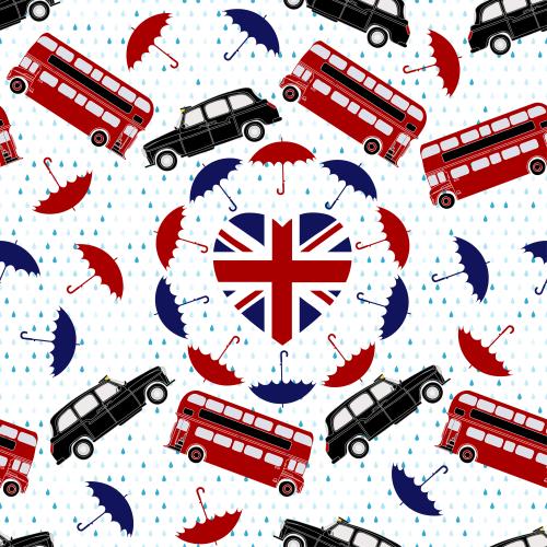 Дождь. Вектор красные двухэтажные автобусы, такси, флаг великобритании в форме сердца, зонты и капли дождя на белом